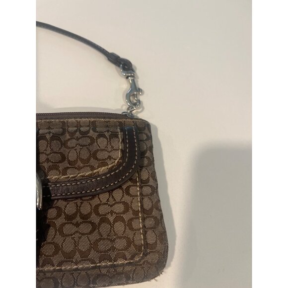 Coach Signature Brown Wristlet Clutch Purse With Leather Trim & Silver Buckle Ac - Picture 4 of 7